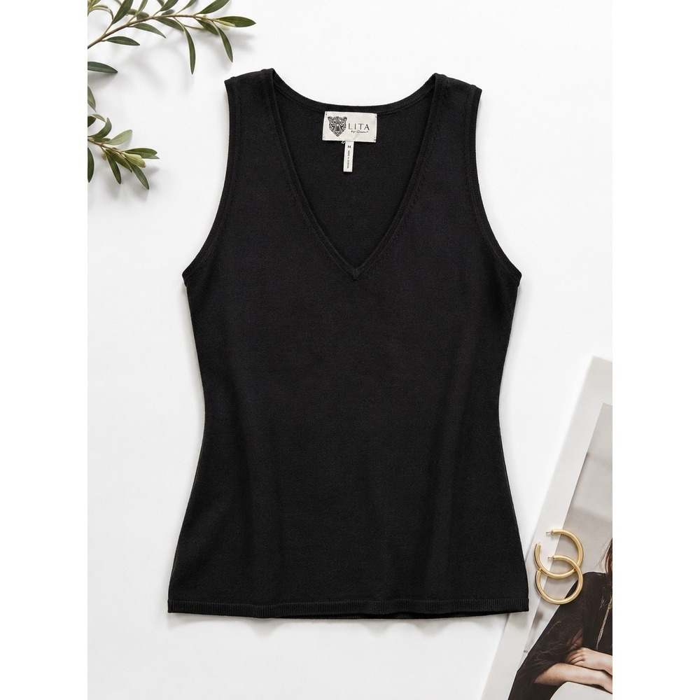 LITA by Ciara Knit Tank Top M Black Sleeveless V‎ Neck Minimalist Quiet Luxury
